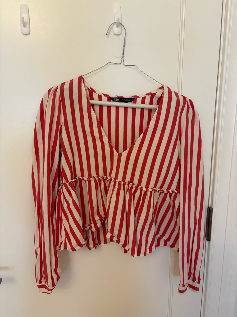 Zara Red and White Striped V-Neck Peplum Blouse